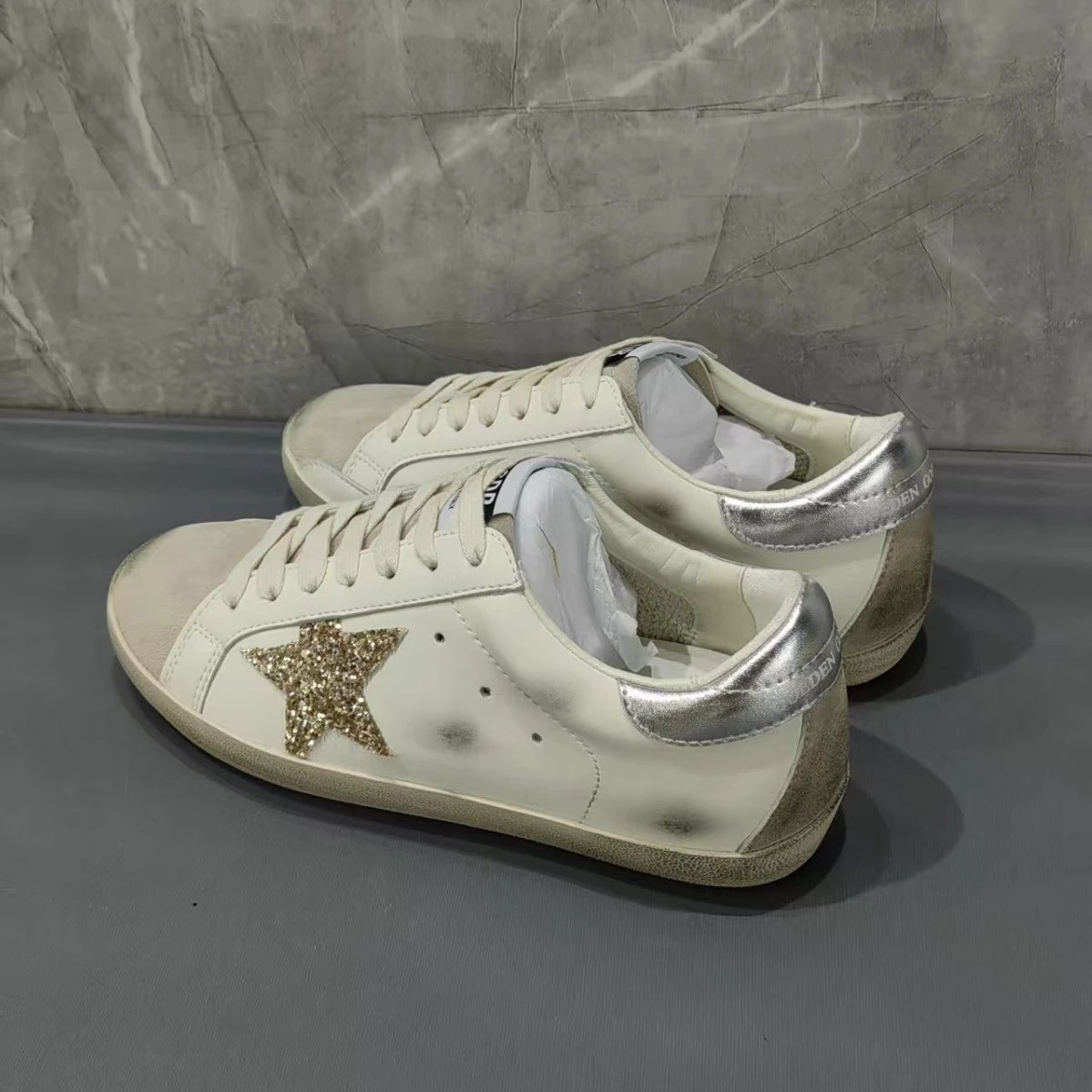 Golden Goose Super-Star Distressed Sneakers White and Gold