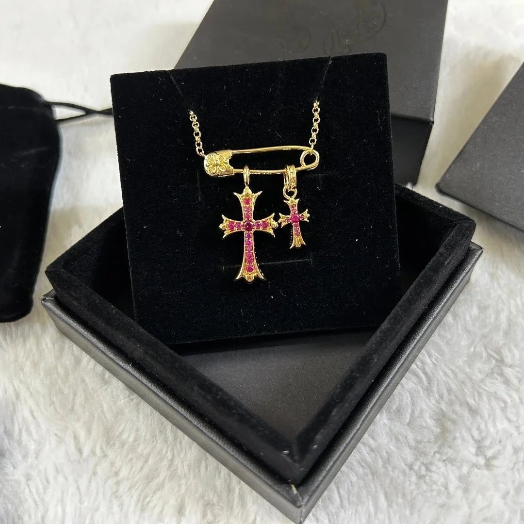 Chrome Hearts CH Safety Pin Cross Necklace Gemstone Pendant Silver and Gold — product photo 3