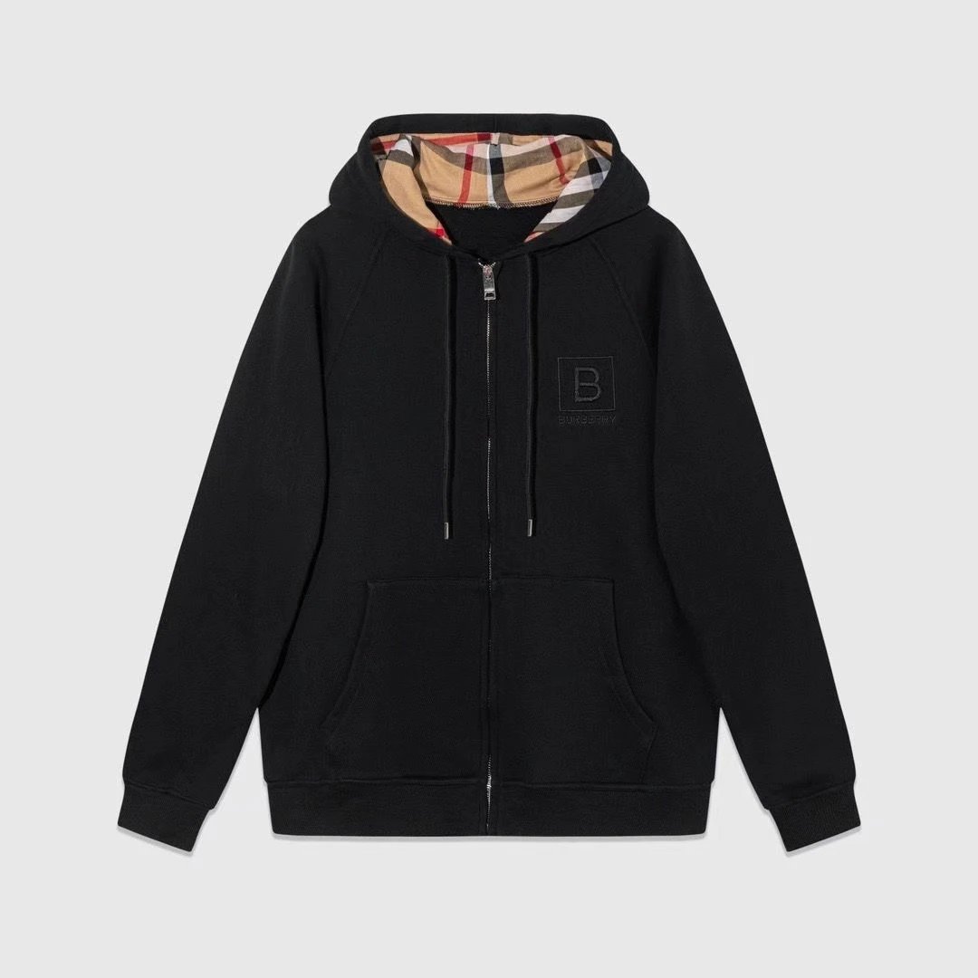 Burberry Check Lined Zip-Up Hoodie Black