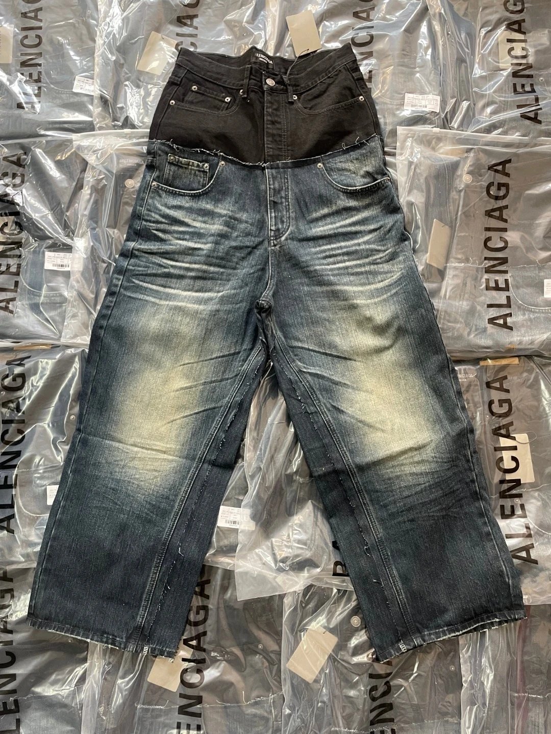 Balenciaga Layered Denim Jeans Distressed Wide Leg Pants Blue and Black