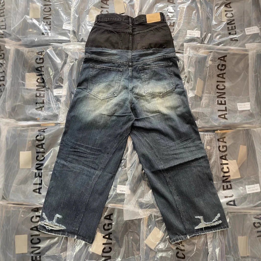 Balenciaga Layered Denim Jeans Distressed Wide Leg Pants Blue and Black — product photo 3