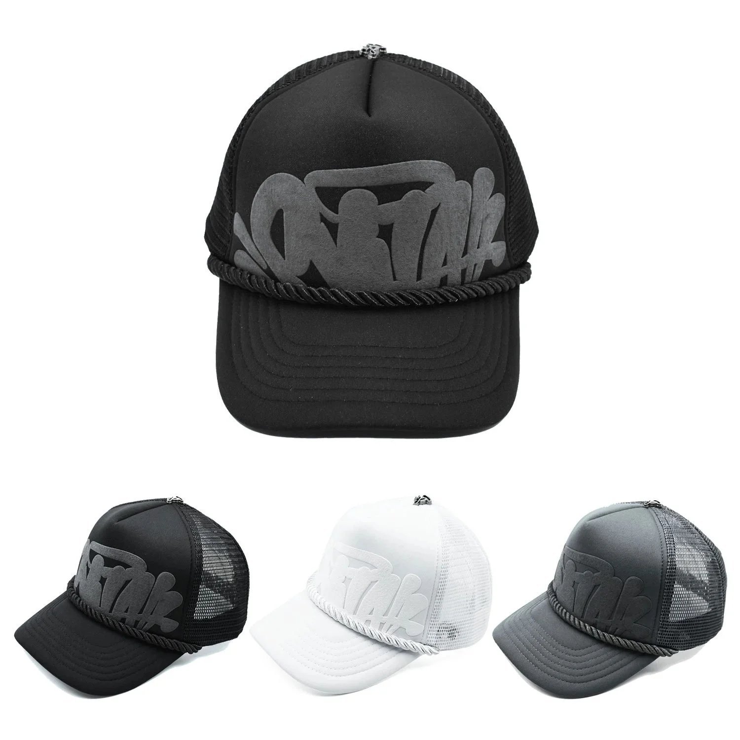 Design Graffiti Mesh Trucker Hat Streetwear Baseball Cap Black White and Gray