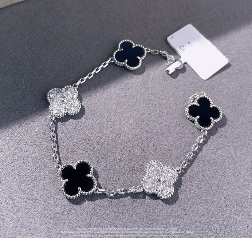 Van Cleef & Arpels VCA Vintage Alhambra Clover Bracelet Onyx and Diamond Silver