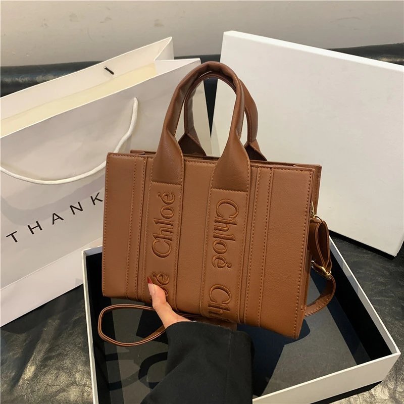 Chloe Woody Tote Leather Shoulder Bag Brown