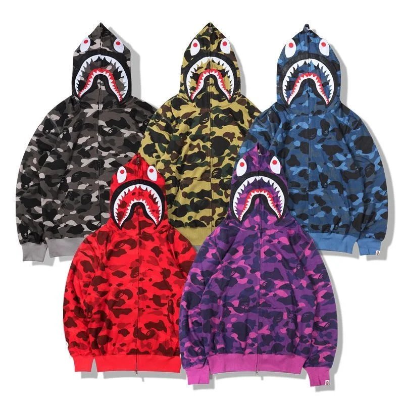 A Bathing Ape BAPE Shark Full Zip Hoodie Camo Streetwear Sweatshirt Multicolor