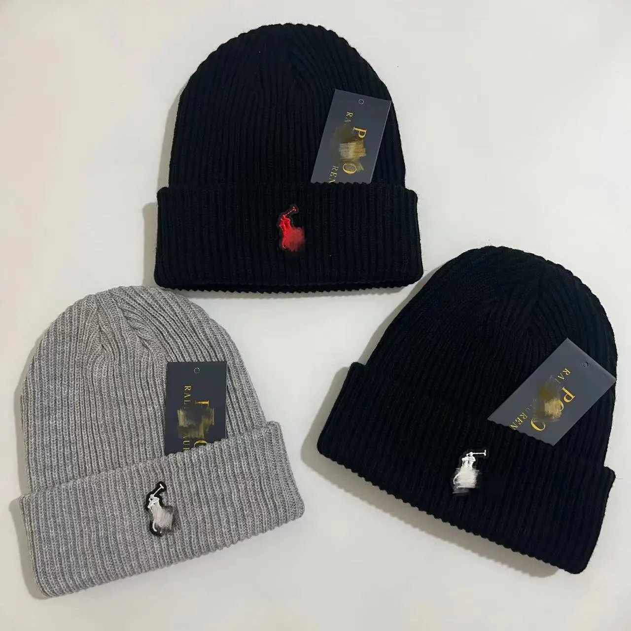 Ralph Lauren Ribbed Knit Classic Beanie Hat Black and Gray