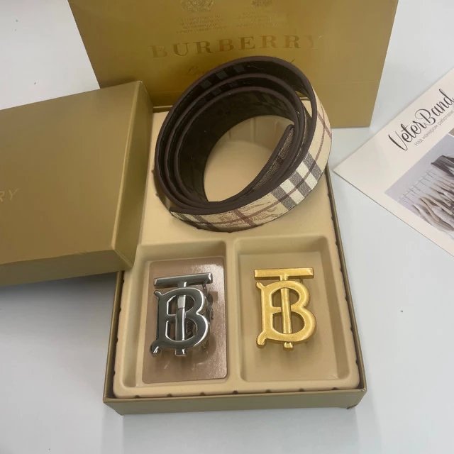 Burberry TB Monogram Reversible Belt Classic Check Leather Accessory Beige and Brown